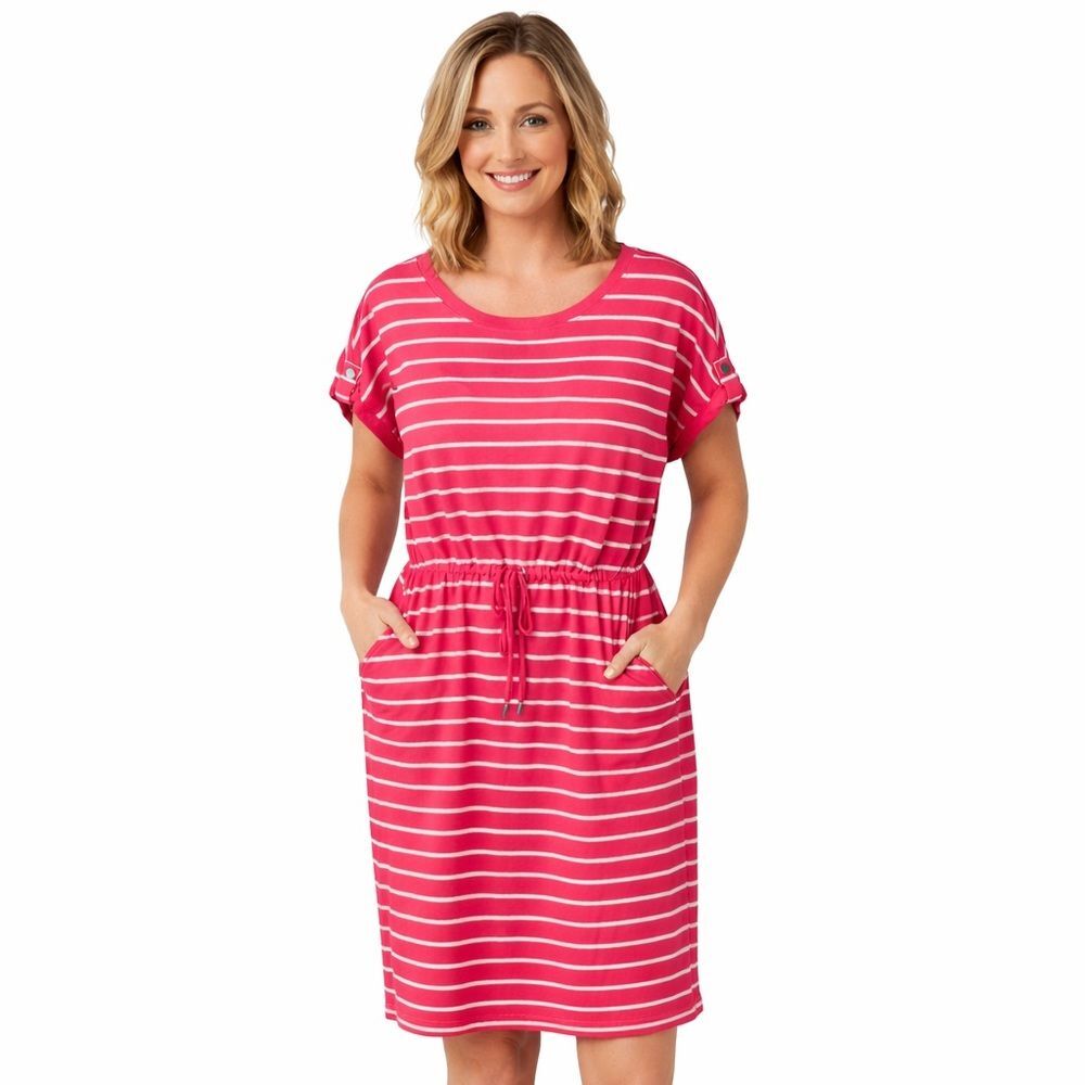 Rafaella Coral Pink White Stripe Drawstring Waist Casual Dress Pockets